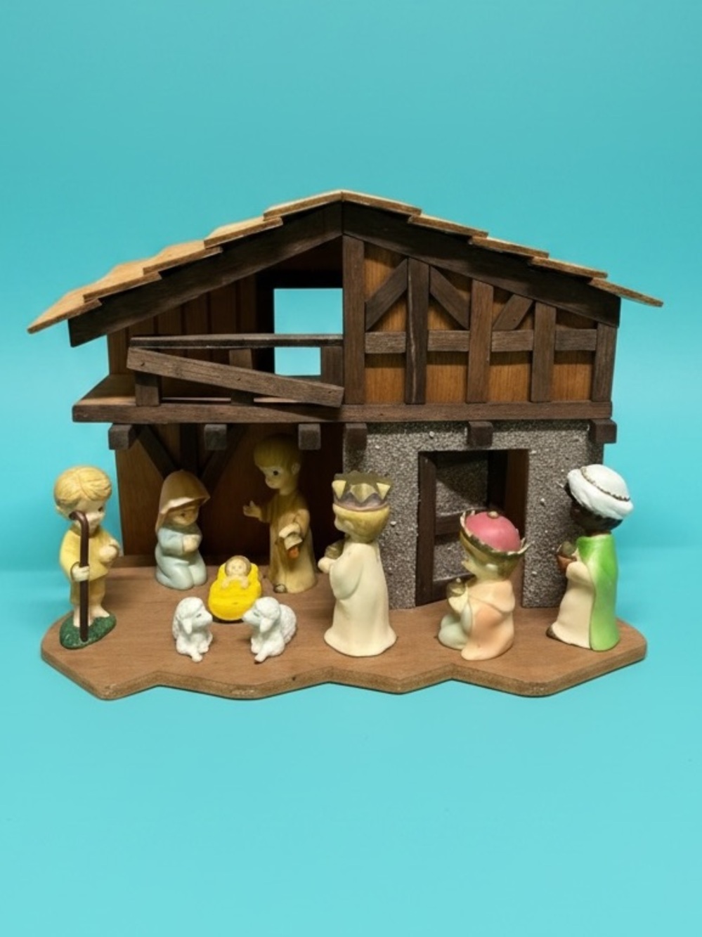 1960s Hong Kong Wood Creche Nativity Plastic Figures